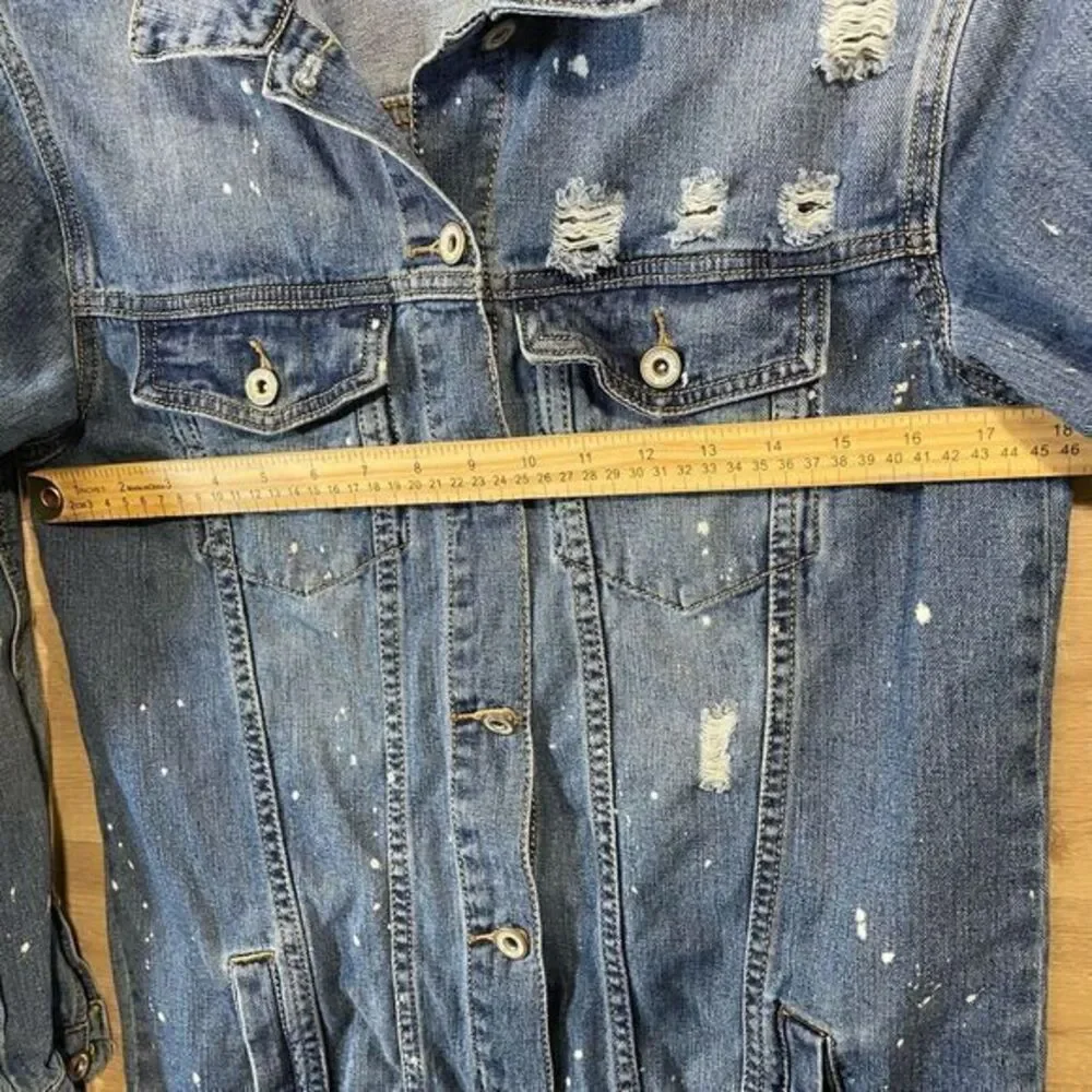 Queen Hearts Womens Long Denim Jacket‎ Blue Size Medium Distressed Grunge Rock - Picture 4 of 12